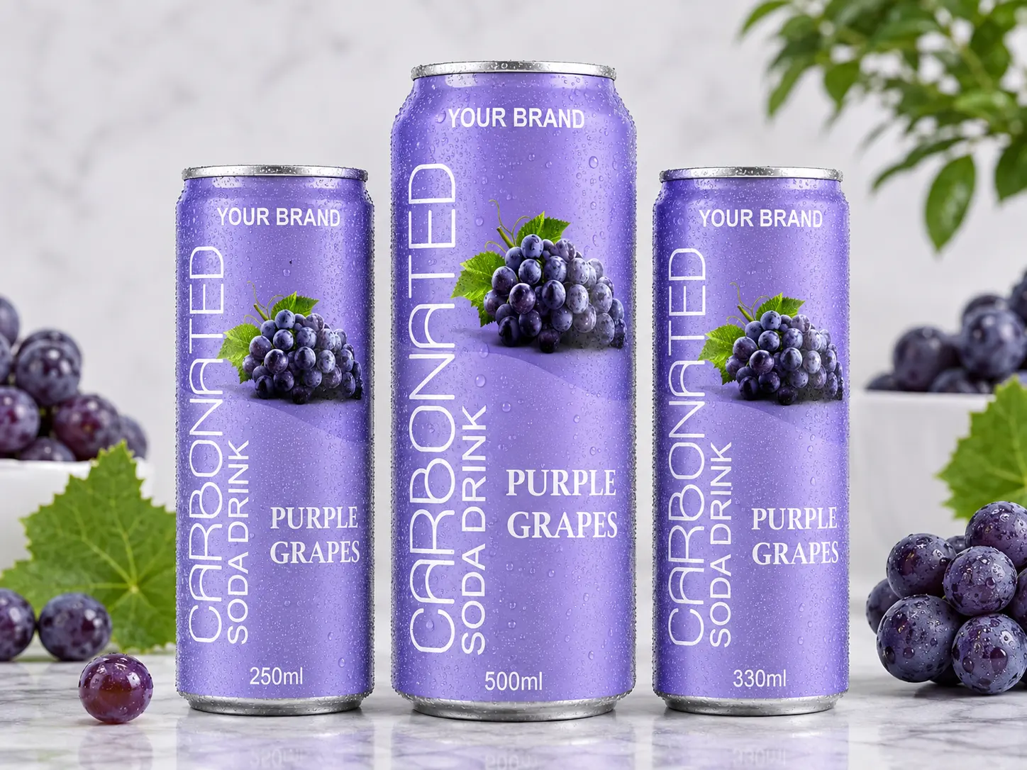 CARBONATED SODA DRINK Purple Grapes flavour in 250ml, 500ml and 330ml cans.